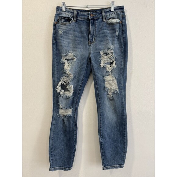 Judy Blue Jeans Womens Size 5 Blue Boyfriend Fit Distressed Ripped Denim - Picture 1 of 6